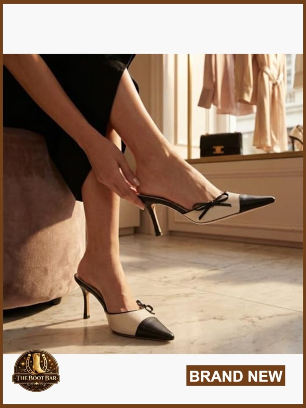 Women's Kitten Heel Bow Mules Pointed Toe Slip On Pumps Two Tone Backless Dress - Picture 6 of 6